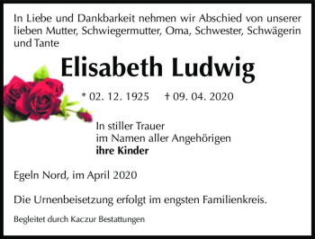 Traueranzeige von Elisabeth Ludwig  von Magdeburger Volksstimme