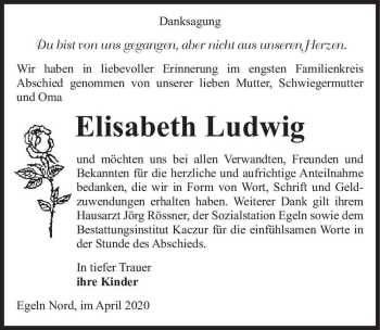 Traueranzeige von Elisabeth Ludwig  von Magdeburger Volksstimme