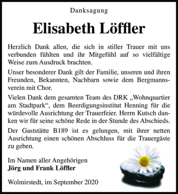 Traueranzeige von Elisabeth Löffler  von Magdeburger Volksstimme