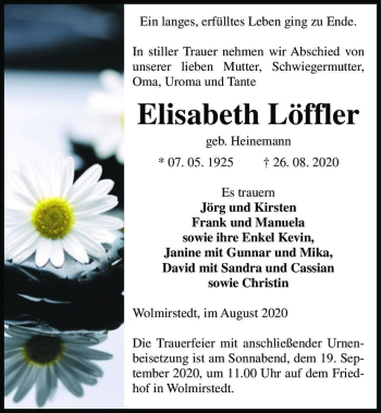 Traueranzeige von Elisabeth Löffler (geb. Heinemann)  von Magdeburger Volksstimme