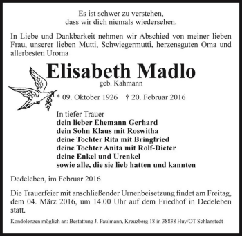 Traueranzeige von Elisabeth Madlo (geb. Kahmann)  von Magdeburger Volksstimme