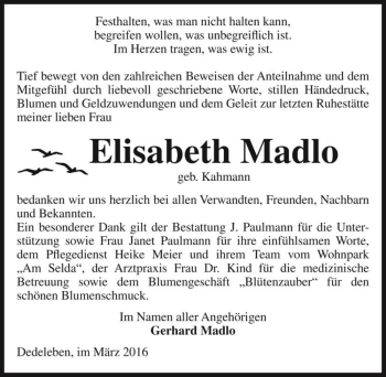 Traueranzeige von Elisabeth Madlo (geb. Kahmann)  von Magdeburger Volksstimme
