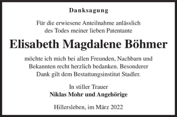 Traueranzeige von Elisabeth Magdalene Böhmer  von Magdeburger Volksstimme