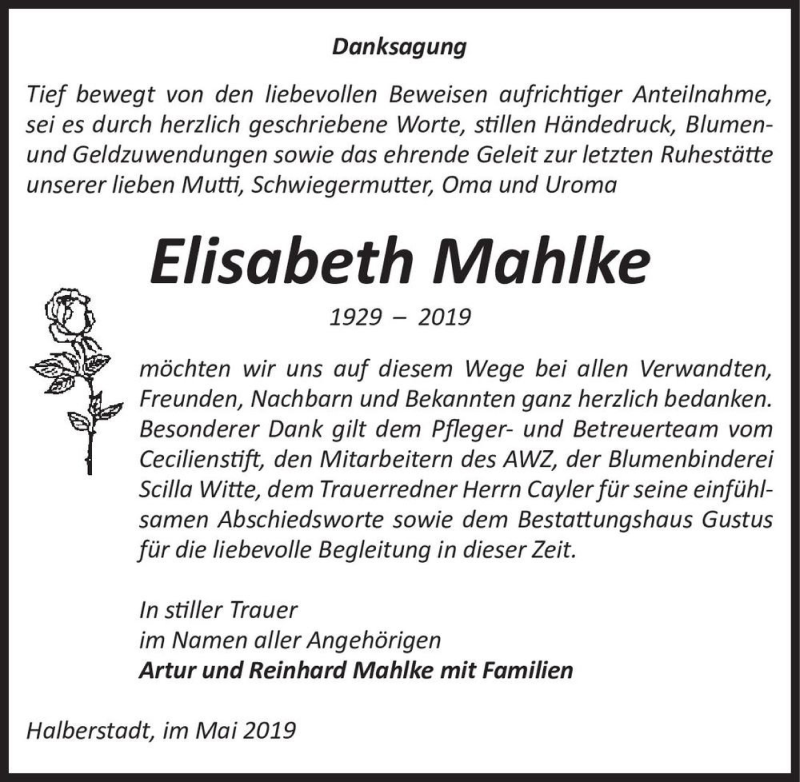 Traueranzeigen von Elisabeth Mahlke www.abschiednehmen.de