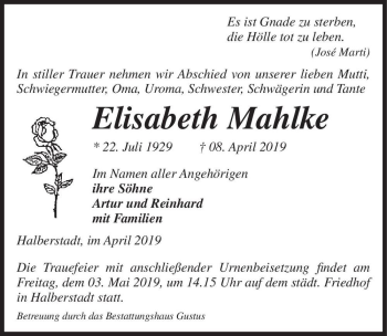 Traueranzeige von Elisabeth Mahlke  von Magdeburger Volksstimme