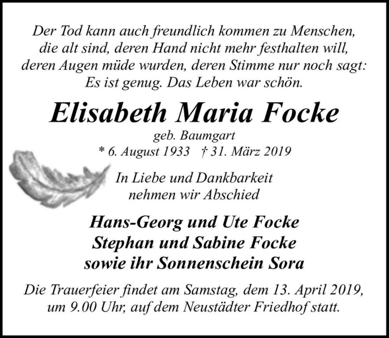  Traueranzeige für Elisabeth Maria Focke (geb. Baumgart)  vom 06.04.2019 aus Magdeburger Volksstimme