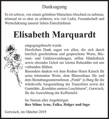 Traueranzeige von Elisabeth Marquardt  von Magdeburger Volksstimme