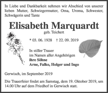 Traueranzeige von Elisabeth Marquardt (geb. Teichert)  von Magdeburger Volksstimme