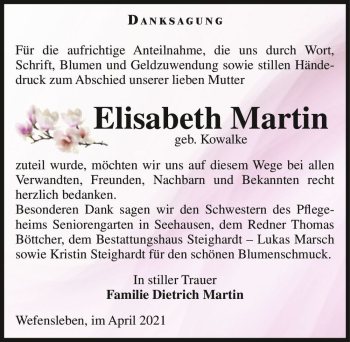 Traueranzeige von Elisabeth Martin (geb. Kowalke)  von Magdeburger Volksstimme