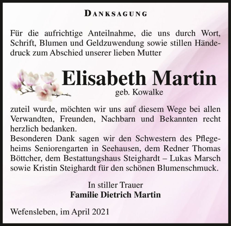  Traueranzeige für Elisabeth Martin (geb. Kowalke)  vom 24.04.2021 aus Magdeburger Volksstimme