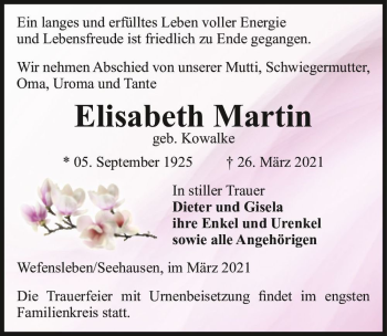Traueranzeige von Elisabeth Martin (geb. Kowalke)  von Magdeburger Volksstimme