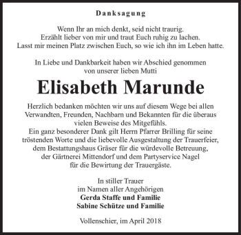 Traueranzeige von Elisabeth Marunde  von Magdeburger Volksstimme