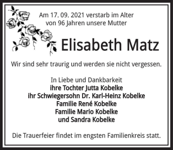 Traueranzeige von Elisabeth Matz  von Magdeburger Volksstimme