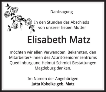 Traueranzeige von Elisabeth Matz  von Magdeburger Volksstimme