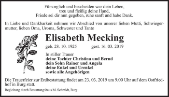 Traueranzeige von Elisabeth Mecking  von Magdeburger Volksstimme