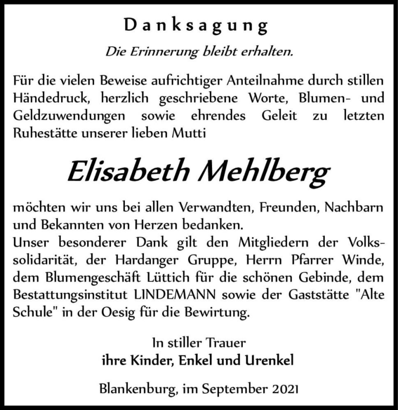  Traueranzeige für Elisabeth Mehlberg  vom 04.09.2021 aus Magdeburger Volksstimme