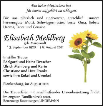 Traueranzeige von Elisabeth Mehlberg (geb. Marquordt)  von Magdeburger Volksstimme