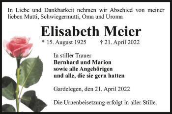 Traueranzeige von Elisabeth Meier  von Magdeburger Volksstimme