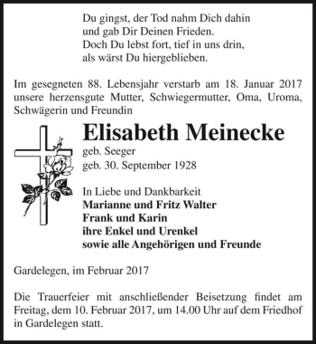 Traueranzeige von Elisabeth Meinecke (geb. Seeger)  von Magdeburger Volksstimme