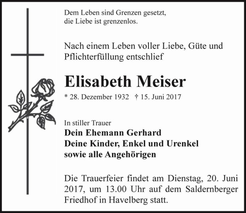  Traueranzeige für Elisabeth Meiser  vom 17.06.2017 aus Magdeburger Volksstimme