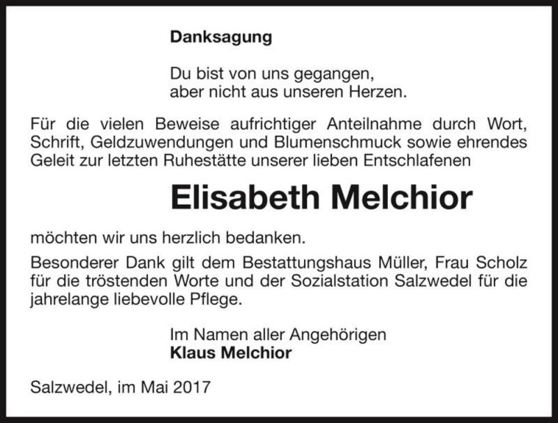  Traueranzeige für Elisabeth Melchior  vom 17.05.2017 aus Magdeburger Volksstimme