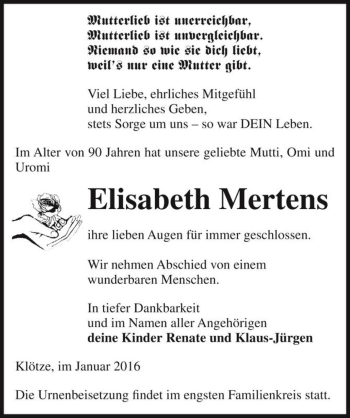 Traueranzeige von Elisabeth Mertens  von Magdeburger Volksstimme