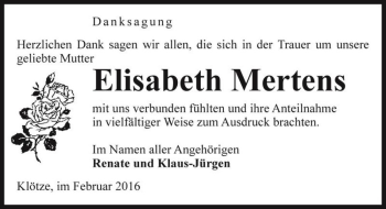 Traueranzeige von Elisabeth Mertens  von Magdeburger Volksstimme
