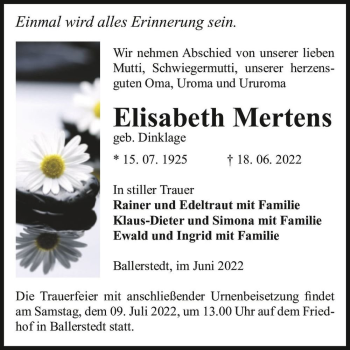 Traueranzeige von Elisabeth Mertens (geb. Dinklage)  von Magdeburger Volksstimme