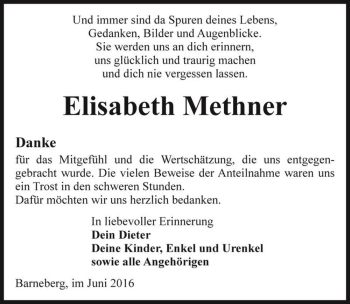 Traueranzeige von Elisabeth Methner  von Magdeburger Volksstimme