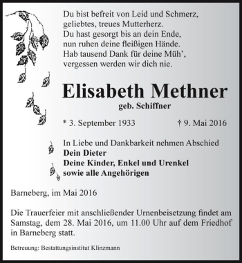 Traueranzeige von Elisabeth Methner (geb. Schiffner)  von Magdeburger Volksstimme