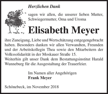 Traueranzeige von Elisabeth Meyer  von Magdeburger Volksstimme