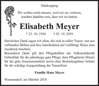Traueranzeige von Elisabeth Meyer  von Magdeburger Volksstimme
