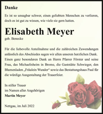 Traueranzeige von Elisabeth Meyer (geb. Benecke)  von Magdeburger Volksstimme