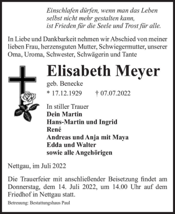 Traueranzeige von Elisabeth Meyer (geb. Benecke)  von Magdeburger Volksstimme