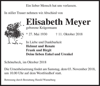 Traueranzeige von Elisabeth Meyer (geb. Krägermann)  von Magdeburger Volksstimme