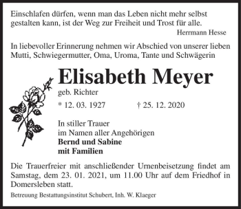 Traueranzeige von Elisabeth Meyer (geb. Richter)  von Magdeburger Volksstimme