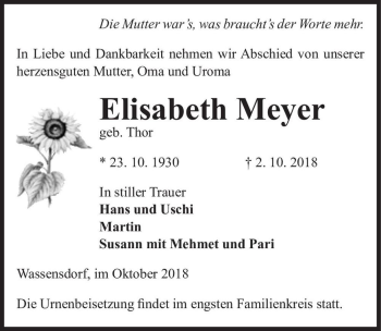 Traueranzeige von Elisabeth Meyer (geb. Thor)  von Magdeburger Volksstimme
