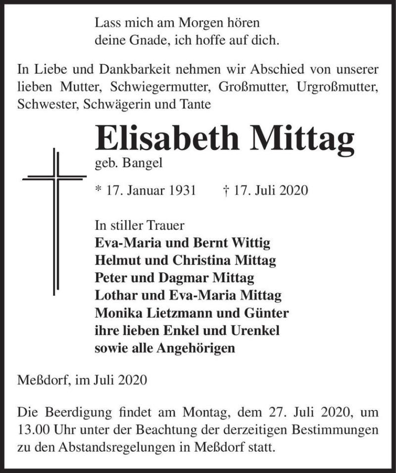  Traueranzeige für Elisabeth Mittag (geb. Bangel)  vom 21.07.2020 aus Magdeburger Volksstimme