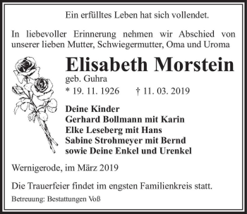Traueranzeige von Elisabeth Morstein (geb. Guhra)  von Magdeburger Volksstimme