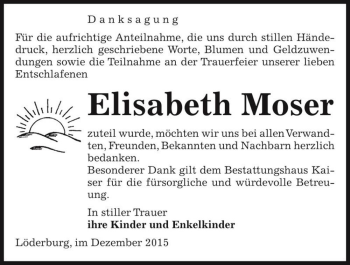 Traueranzeige von Elisabeth Moser  von Magdeburger Volksstimme