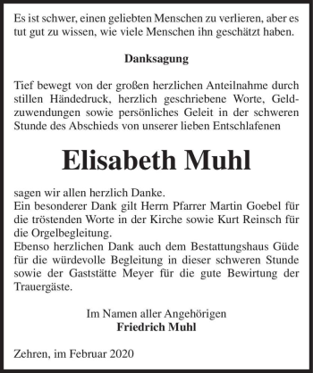 Traueranzeige von Elisabeth Muhl  von Magdeburger Volksstimme