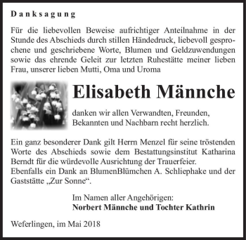 Traueranzeige von Elisabeth Männche  von Magdeburger Volksstimme