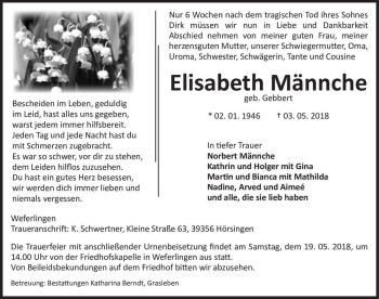 Traueranzeige von Elisabeth Männche (geb. Gebbert)  von Magdeburger Volksstimme