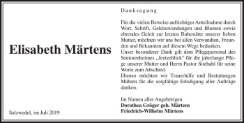 Traueranzeige von Elisabeth Märtens  von Magdeburger Volksstimme