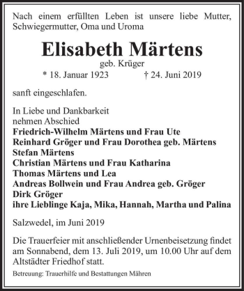 Traueranzeige von Elisabeth Märtens (geb. Krüger)  von Magdeburger Volksstimme