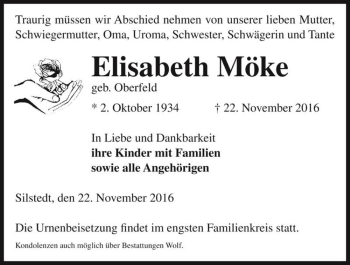 Traueranzeige von Elisabeth Möke (geb. Oberfeld)  von Magdeburger Volksstimme