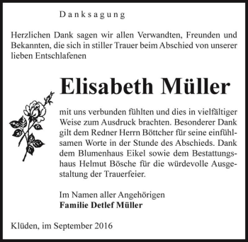 Traueranzeige von Elisabeth Müller  von Magdeburger Volksstimme