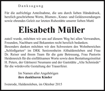 Traueranzeige von Elisabeth Müller  von Magdeburger Volksstimme