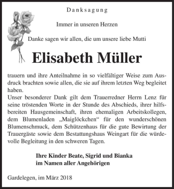 Traueranzeige von Elisabeth Müller  von Magdeburger Volksstimme