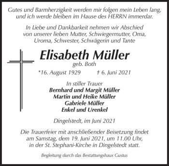 Traueranzeige von Elisabeth Müller (geb. Both)  von Magdeburger Volksstimme